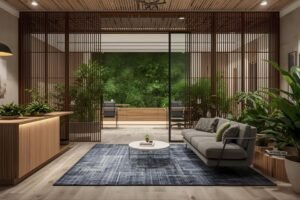 Luxury office lobby featuring wooden partitions, indoor plants, and premium seating.